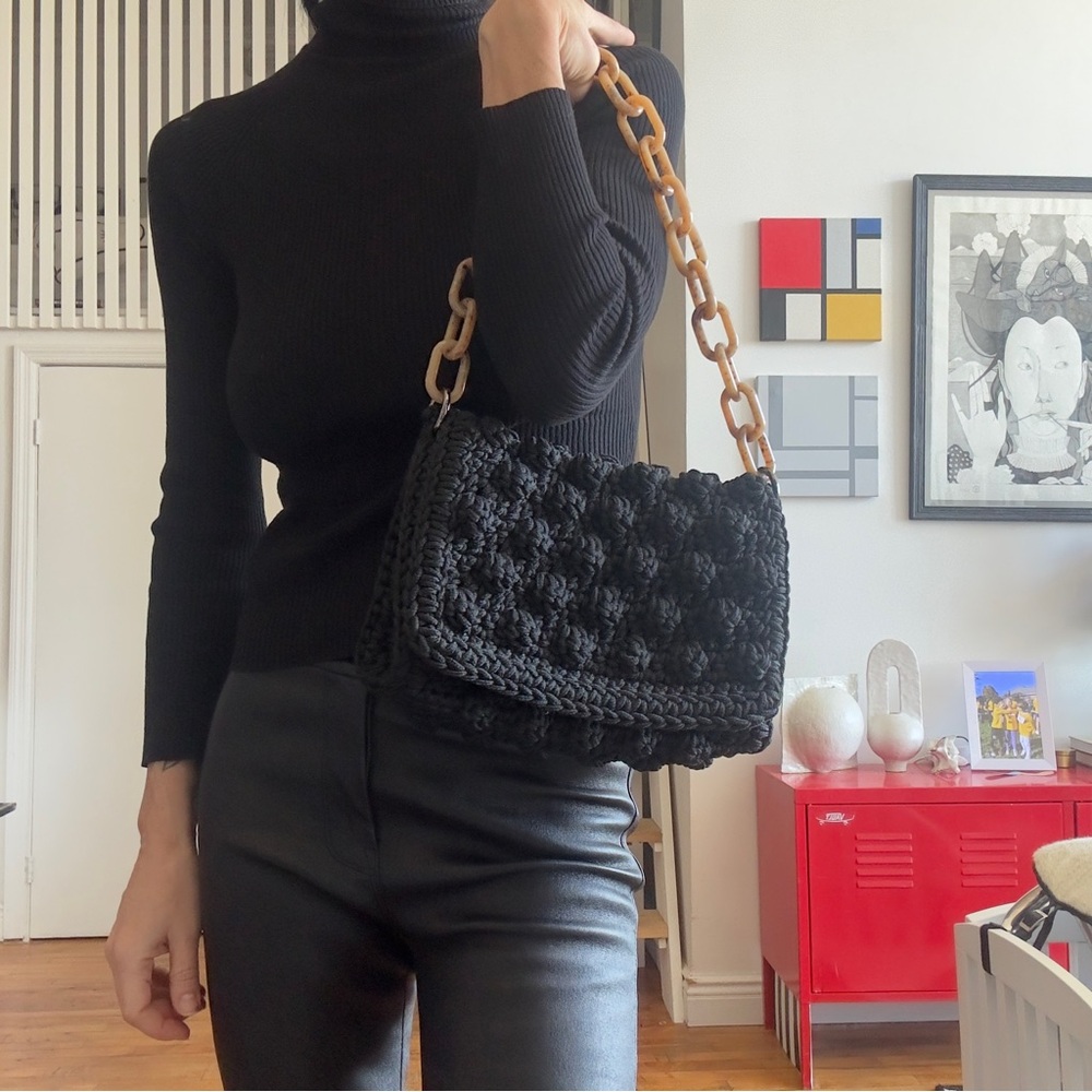 One&Only Black Crochet Shoulder Bag with Chain Strap - Picture 4 of 5